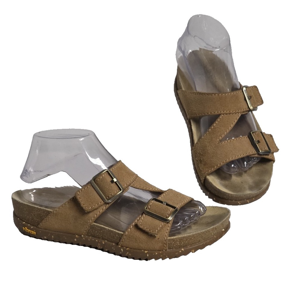 Dansko Women Size 38 Slide Sandals Suede Leather Buckled Tan Vibram Sole Comfort